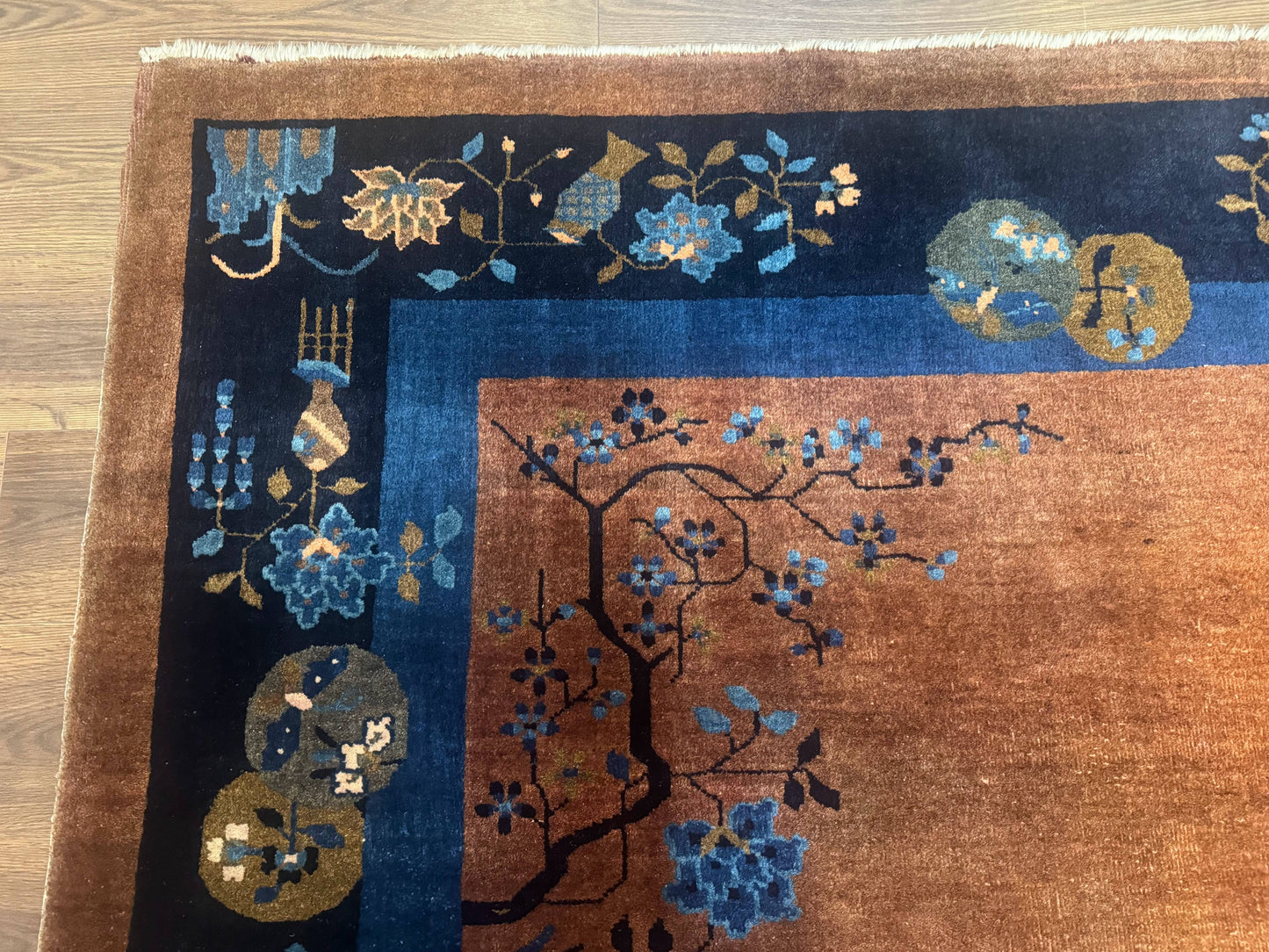 Antique Chinese Wool Rug 9x12, Light Brown and Navy Blue, Fete Peking Art Deco - Nuvé