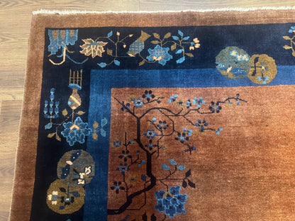 Antique Chinese Wool Rug 9x12, Light Brown and Navy Blue, Fete Peking Art Deco - Nuvé