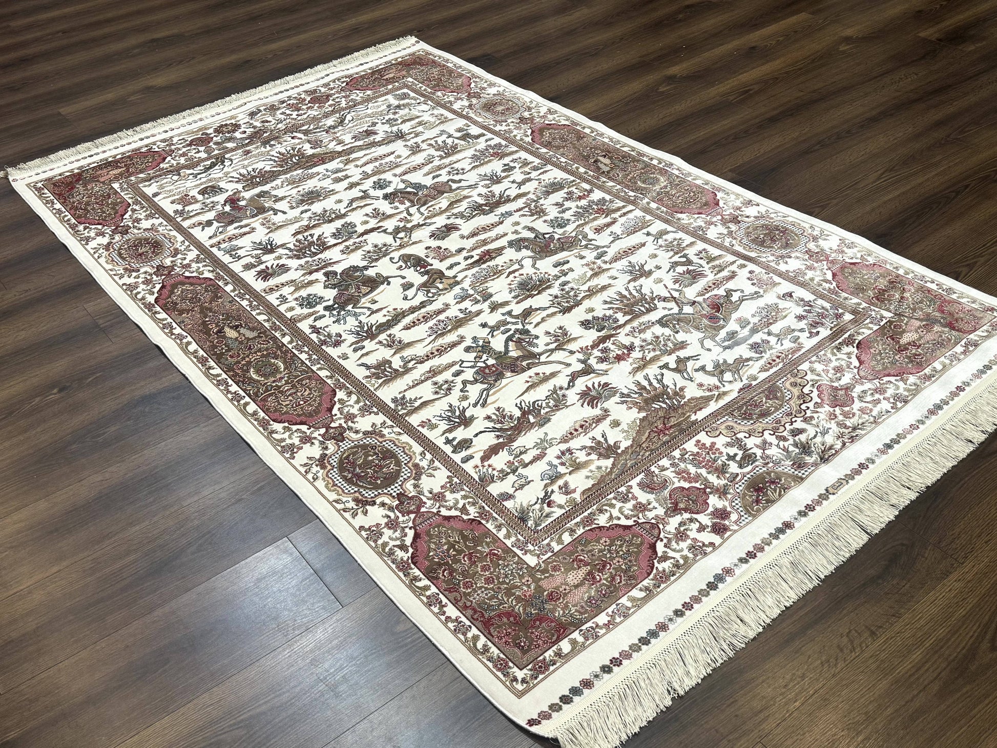 Turkish Silk Rug 5x8, Ivory, Hunting Design, Animal Pictorials, Bamboo Silk - Nuvé
