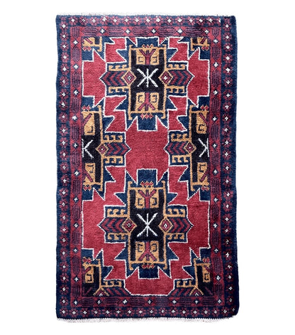 2' 8" X 4' 6" Vintage Handmade Tribal Wool Rug Balouchi Rug Afghan Rug Red Blue