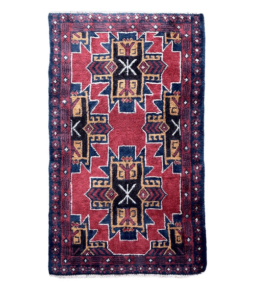 2' 8" X 4' 6" Vintage Handmade Tribal Wool Rug Balouchi Rug Afghan Rug Red Blue