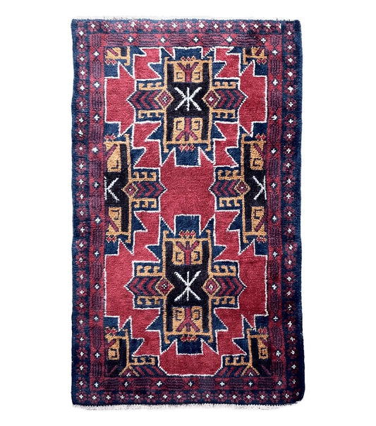 2' 8" X 4' 6" Vintage Handmade Tribal Wool Rug Balouchi Rug Afghan Rug Red Blue