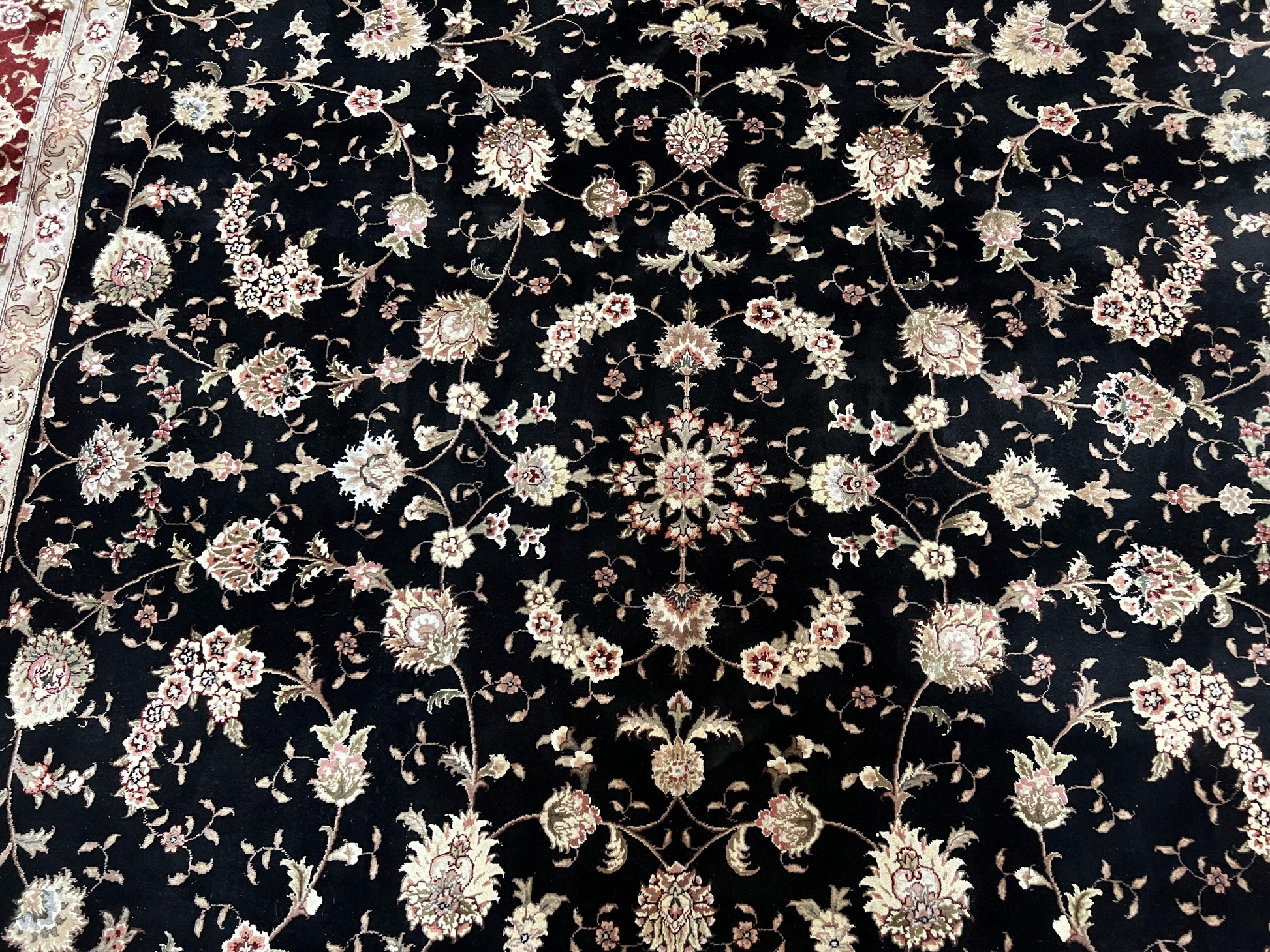 Sino Persian Rug 9x12, High Quality Oriental Carpet, Black and Maroon, Wool and Silk, Allover Floral Pattern, Hand Knotted, Vintage Rug Nice - Nuvé