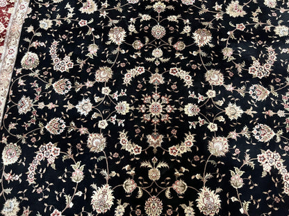 Sino Persian Rug 9x12, High Quality Oriental Carpet, Black and Maroon, Wool and Silk, Allover Floral Pattern, Hand Knotted, Vintage Rug Nice - Nuvé