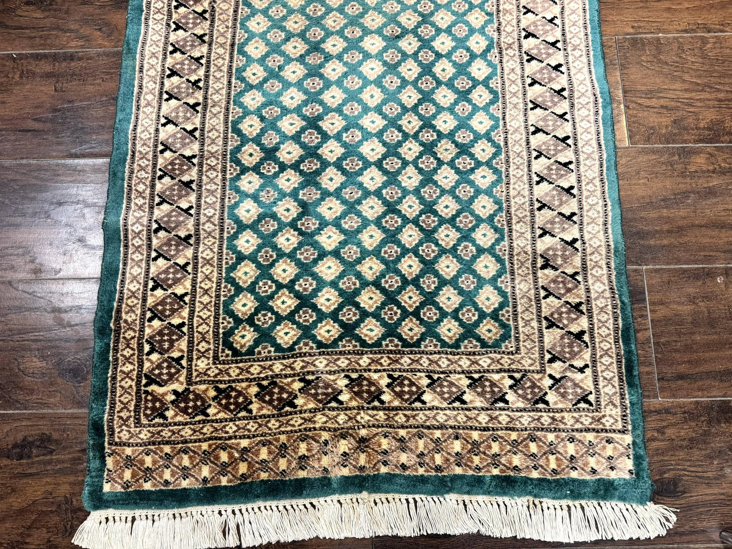 Long Pakistani Runner Rug 2.8 x 20, Hand Knotted Vintage Wool Hallway Rug, Turkoman Rug, Teal and Tan, Handmade Vintage Wool Runner - Nuvé