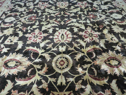11' X 15' Vintage Hand Knotted Indian Agra Wool Rug Hand Made Dark Brown Floral - Nuvé