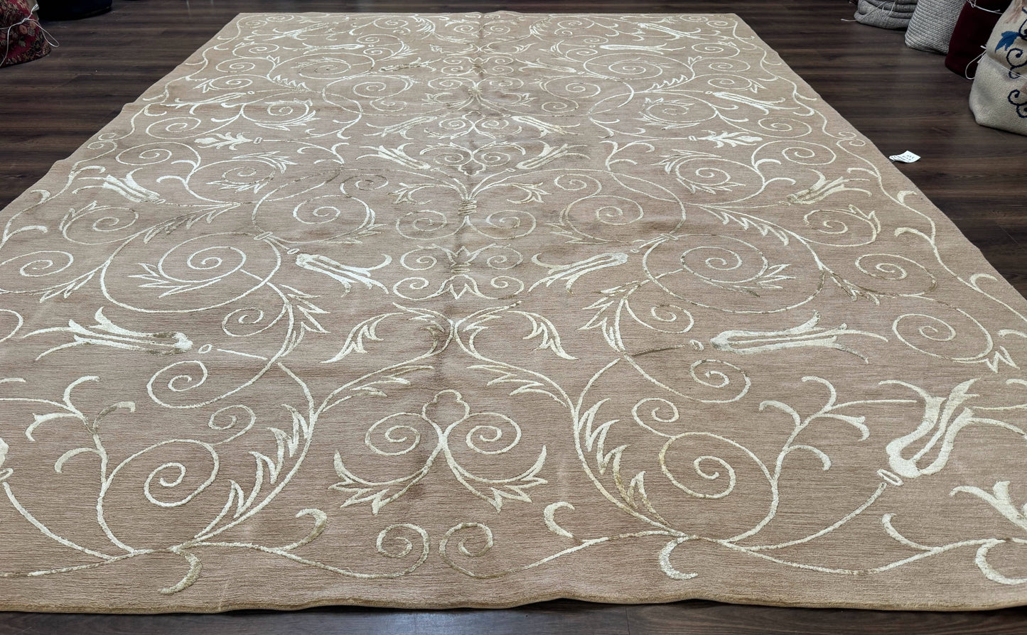 Tibetan Rug 9x12 Wool and Silk Beige Modern Handmade Carpet - Nuvé