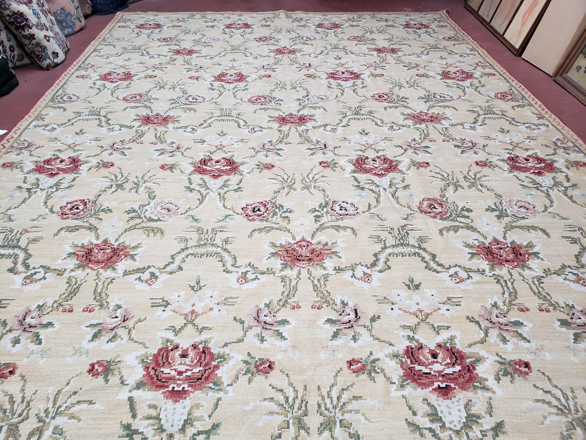 Needlepoint Rug 10x14 Wool Flatweave Carpet, English Floral Pattern, Pale Yellow, Roses, Allover Pattern, Handmade Large Needlepoint Nice - Nuvé