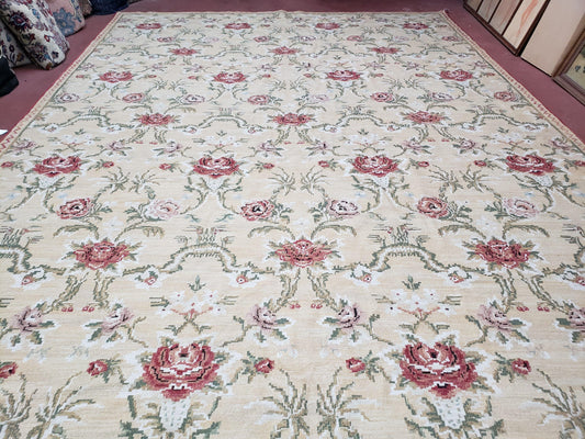 Needlepoint Rug 10x14 Wool Flatweave Carpet, English Floral Pattern, Pale Yellow, Roses, Allover Pattern, Handmade Large Needlepoint Nice - Nuvé