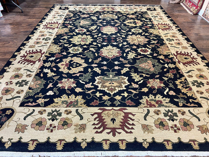 Handmade Indo Persian Wool rug, 10x14 floral Oriental carpet in black and beige, with intricate traditional Mahal design.