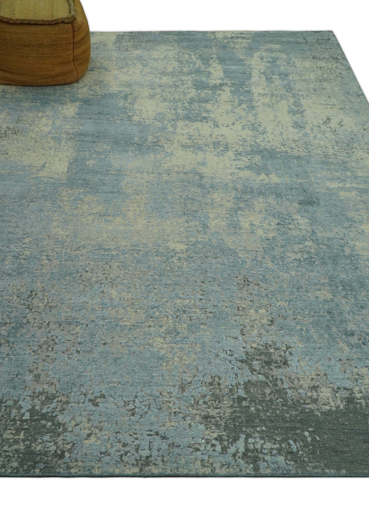 Abstract Design Blue, Beige And Gray 8x10 Hand Knotted Wool and Bamboo Silk Rug - Nuvé