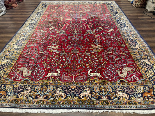 Persian Qum Rug 9x12, Animal Pictorials, Deer Birds, Tree of Life, Red and Navy Blue - Nuvé