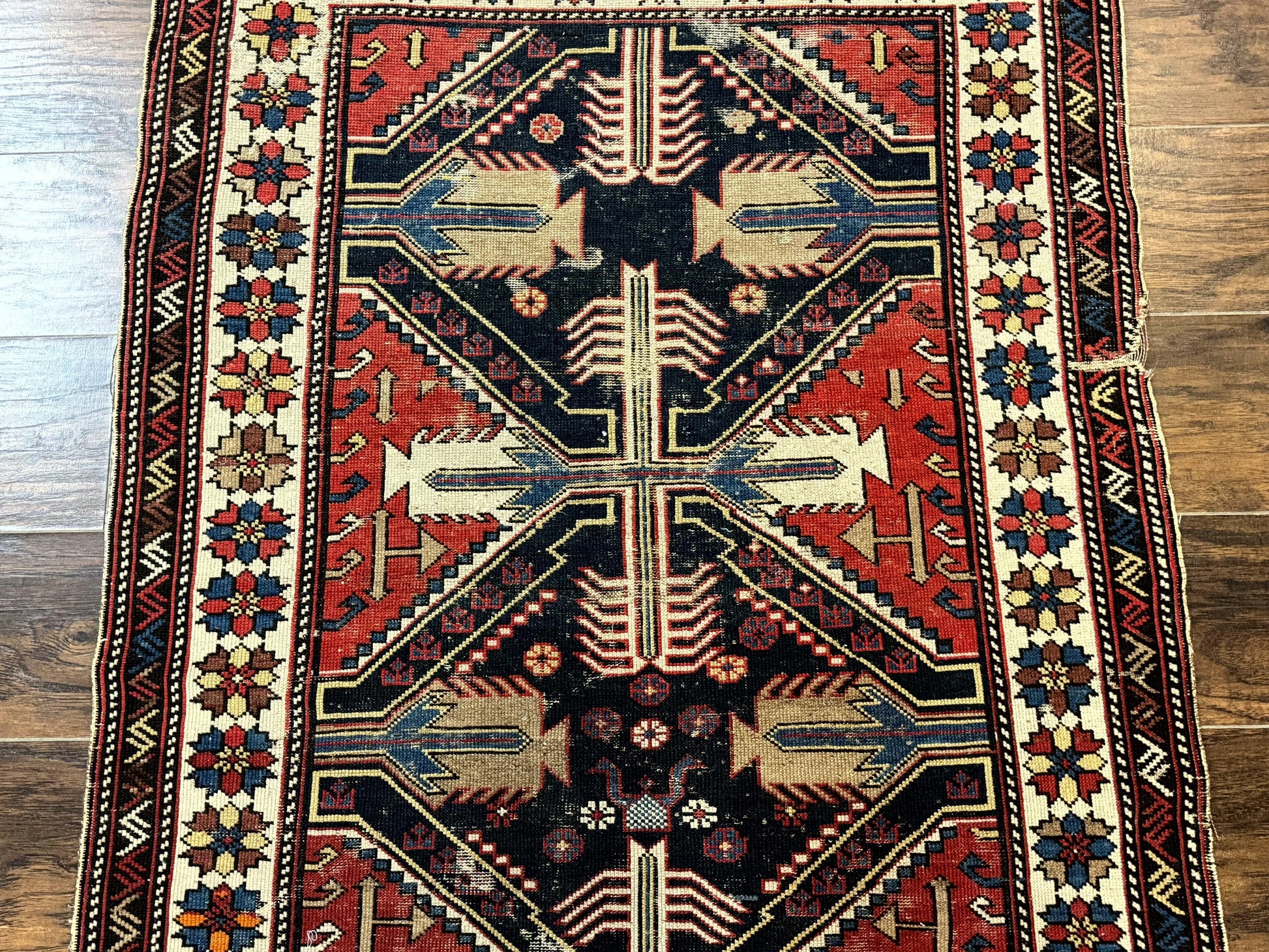Antique Shirvan Caucasian Rug 3x5, Geometric Pattern, Red Navy Blue Beige - Nuvé