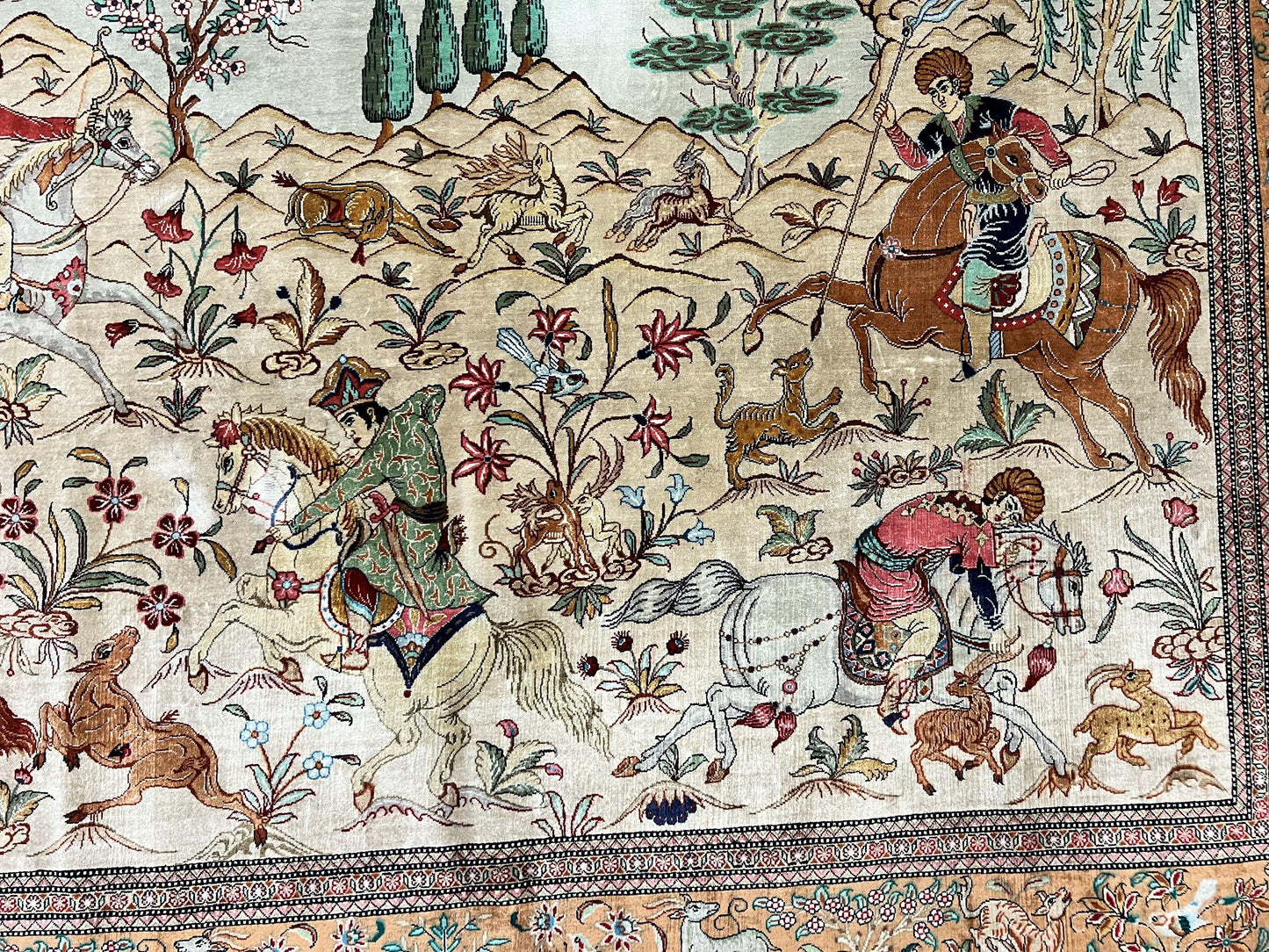 Silk Persian Qum Rug 3x5, Hunting Pattern, Handmade Vintage Carpet, Signed by Master Weaver, Horsemen Pictorials, Super Fine 650 KPSI - Nuvé