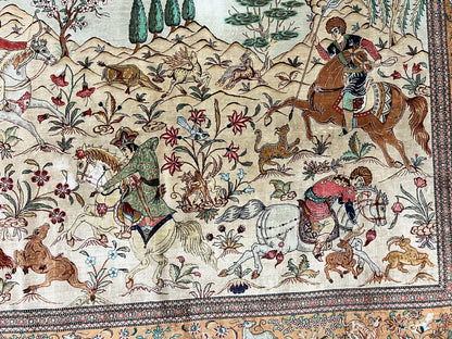 Silk Persian Qum Rug 3x5, Hunting Pattern, Handmade Vintage Carpet, Signed by Master Weaver, Horsemen Pictorials, Super Fine 650 KPSI - Nuvé