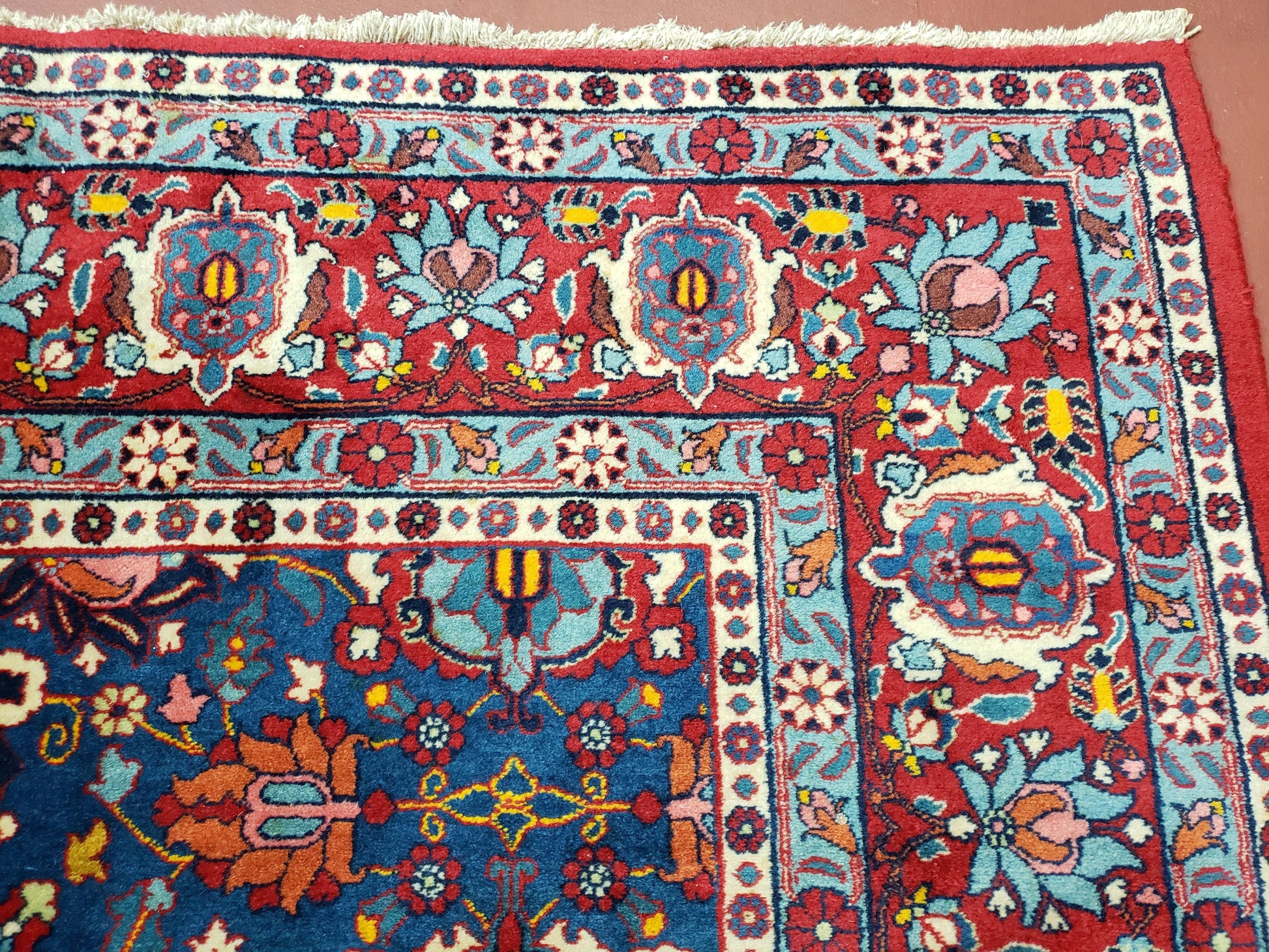 Rare Antique Persian Veramin Carpet, Mina-Khani Pattern, Blue, Red, Ivory, 7x11 ft, Hand-Knotted, Wool - Nuvé