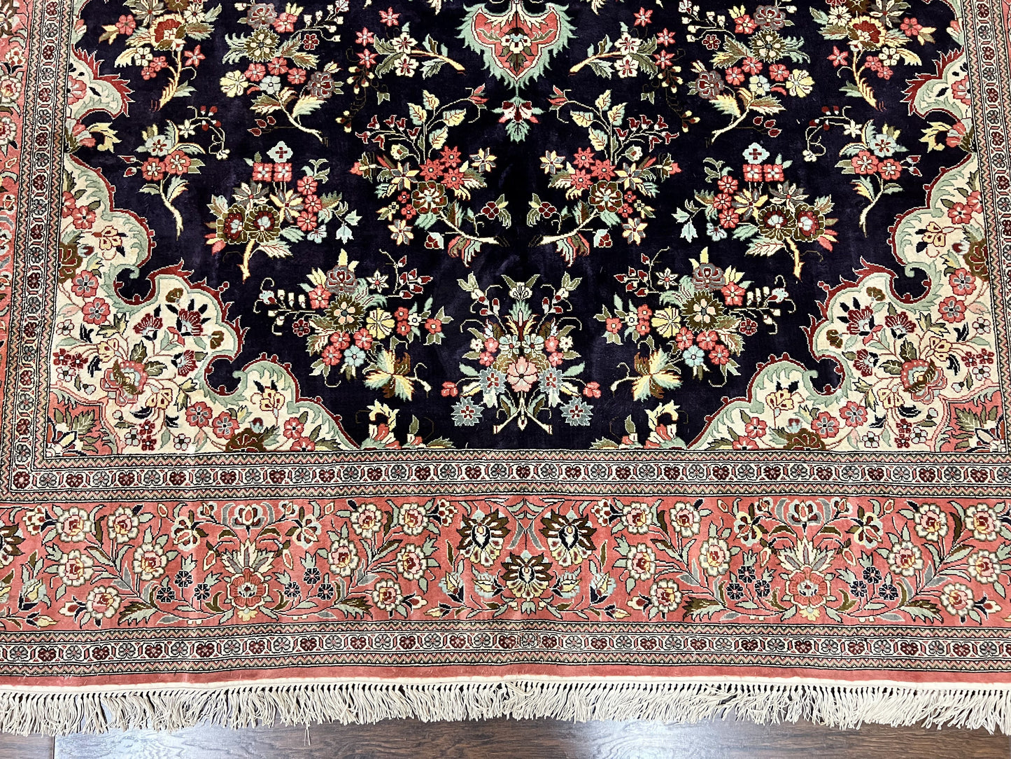 Stunning Silk Persian Qum Rug 7x9, Finely Hand Knotted Navy Blue & Salmon Floral Medallion Authentic Oriental Carpet, Vintage Handmade Silk Ghom Rug, Silk on Silk - Nuvé