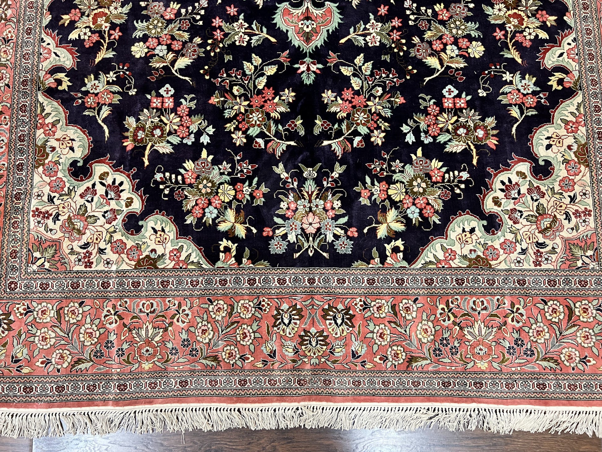 Stunning Silk Persian Qum Rug 7x9, Finely Hand Knotted Navy Blue & Salmon Floral Medallion Authentic Oriental Carpet, Vintage Handmade Silk Ghom Rug, Silk on Silk - Nuvé