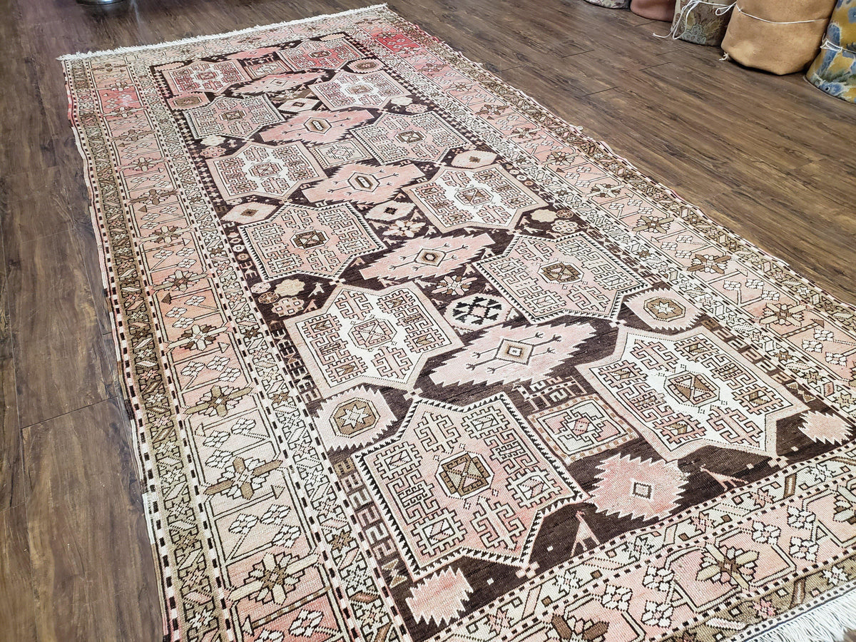 Antique Caucasian Rug 5' 5" x 10' 9", Shirvan Carpet, Wide Oriental Corridor Runner, Quality Handmade Hand-Knotted Wool Rug, Pale Pink Black
