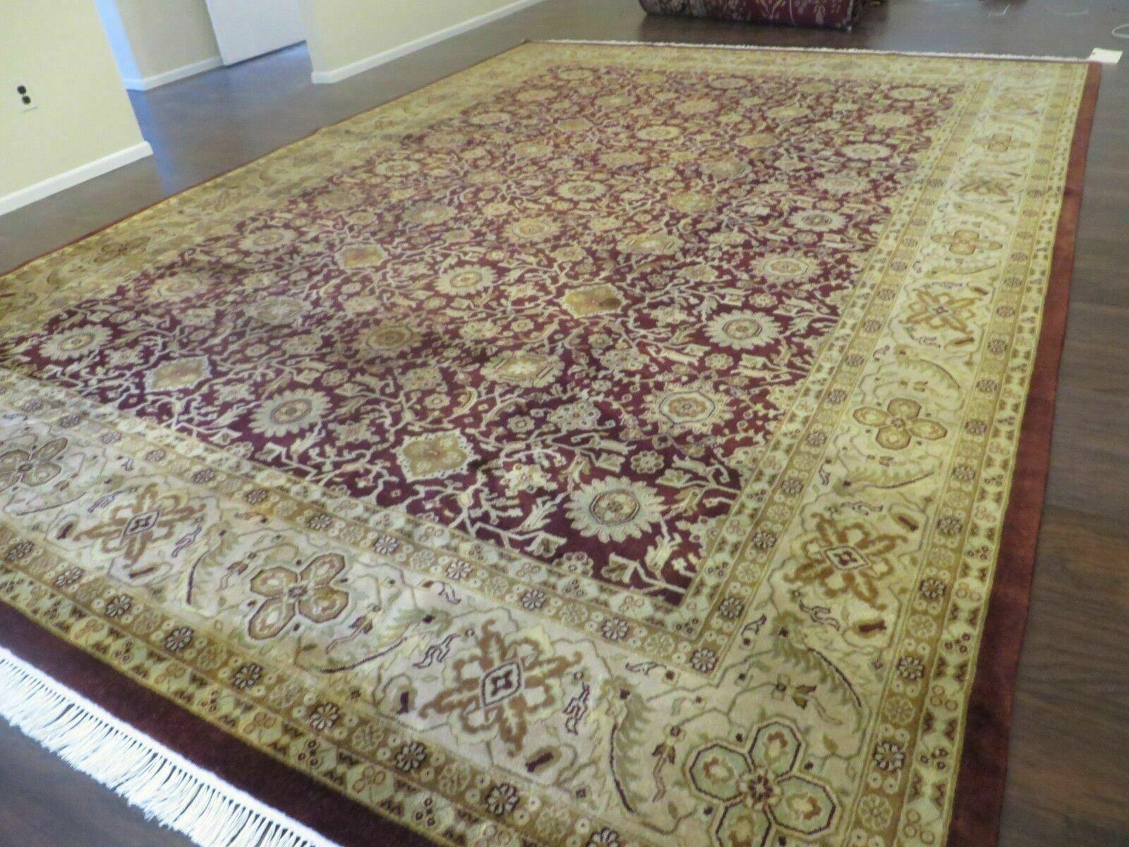 Indian Agra Rug 10x14 Vintage Handmade Larastan Wool Carpet Maroon Floral - Nuvé