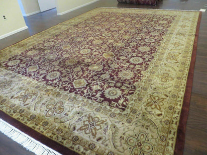 Indian Agra Rug 10x14 Vintage Handmade Larastan Wool Carpet Maroon Floral - Nuvé