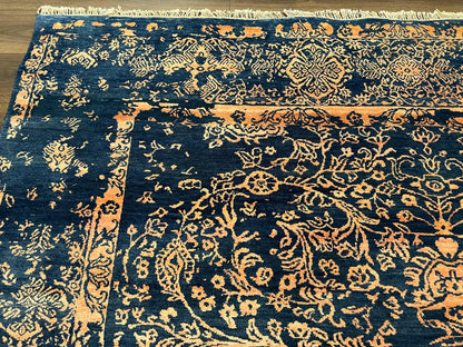 Area Rug 8x10 High Quality Handmade Oriental Carpet, Modern Contemporary Rug, Rug for Living Room, Wool Rug, Blue and Gold, Pakistani Rug