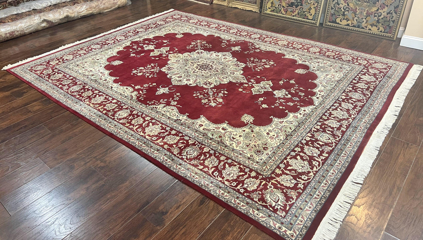 Pak Persian Rug 9x12, Handmade Vintage Traditional Wool Carpet, Floral Medallion, Dark Red Ivory/Cream, Fine 250 KPSI - Nuvé