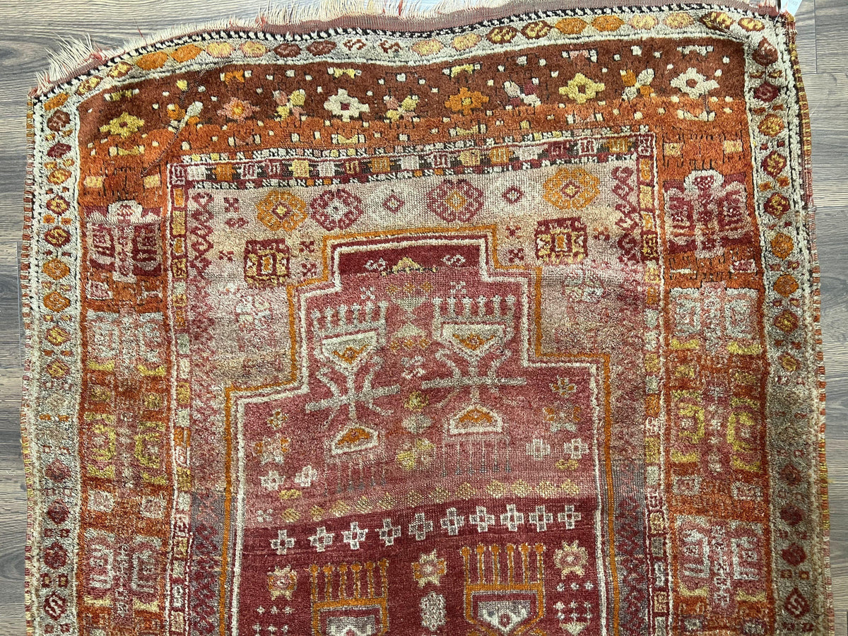 Antique Turkish Melas Rug 4x7, Tribal Geometric Unique Collectible Hand Knotted Wool Oriental Carpet, Rare 1920s Rug, Burnt Orange Red