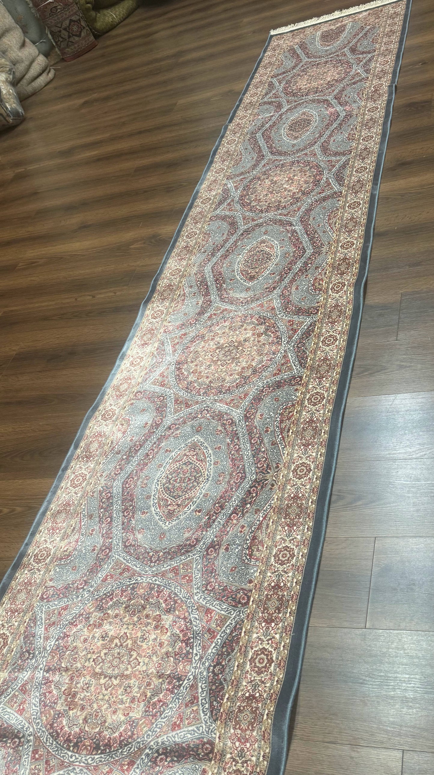 Turkish Silk Runner Rug 2.6 x 13, Blue Runner Rug, Dome Design, Bamboo Silk, New - Nuvé