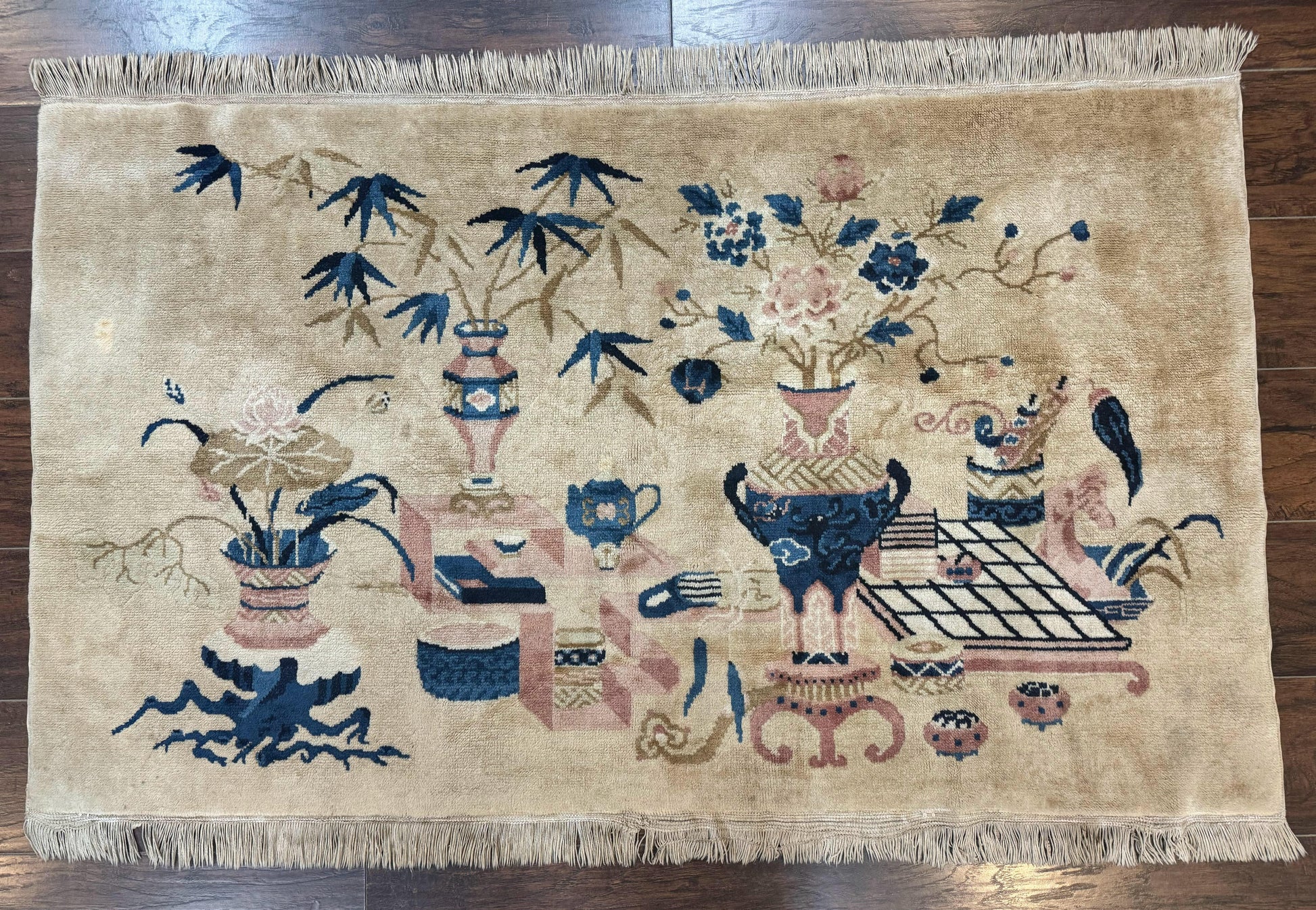 Chinese Rug 5x3, Horizontal Rug, Vases Flowers, Handmade Antique Vintage Carpet, Peking Rug, Chinese Wool Rug - Nuvé