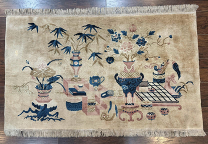 Chinese Rug 5x3, Horizontal Rug, Vases Flowers, Handmade Antique Vintage Carpet, Peking Rug, Chinese Wool Rug - Nuvé