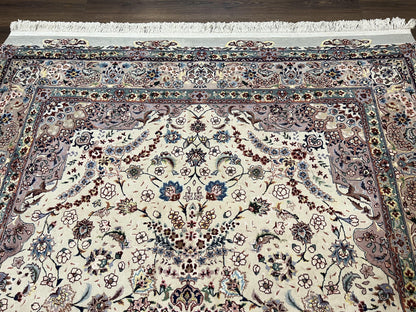 Beautiful Pak Persian Rug 6x9, Floral Medallion, Wool and Silk, Highly Detailed Elegant Carpet, Vintage Oriental Rug 6 x 9, Cream and Gray - Nuvé