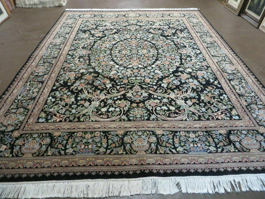8' X 10' Vintage Handmade Pakistani Floral Wool Rug Black Nice - Nuvé