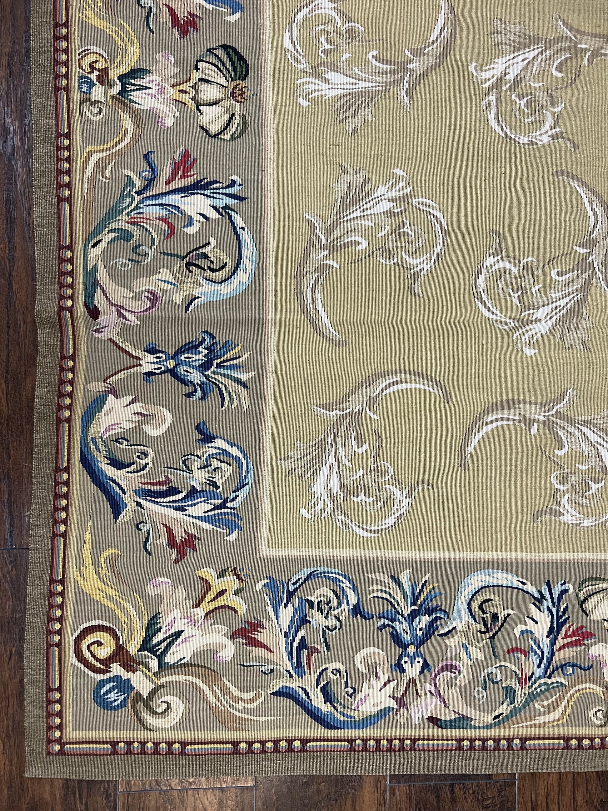 Vintage Aubusson Flatweave Area Rug 9x12, Aubusson Weave, Wool, Beige, Handmade, French European Design, 8'9" x 11'9" - Nuvé