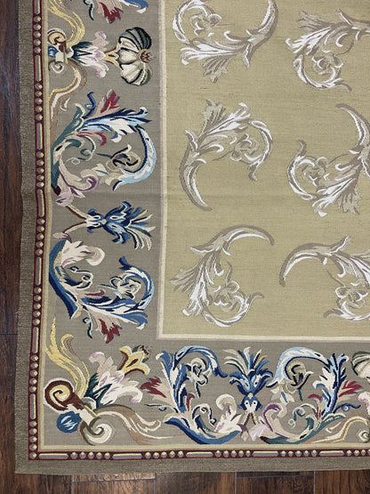 Vintage Aubusson Flatweave Area Rug 9x12, Aubusson Weave, Wool, Beige, Handmade, French European Design, 8'9" x 11'9" - Nuvé