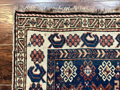 Antique Caucasian Kazak Rug 2.5 x 4, Navy Blue and Ivory, Hand Knotted Handmade Wool Rug - Nuvé