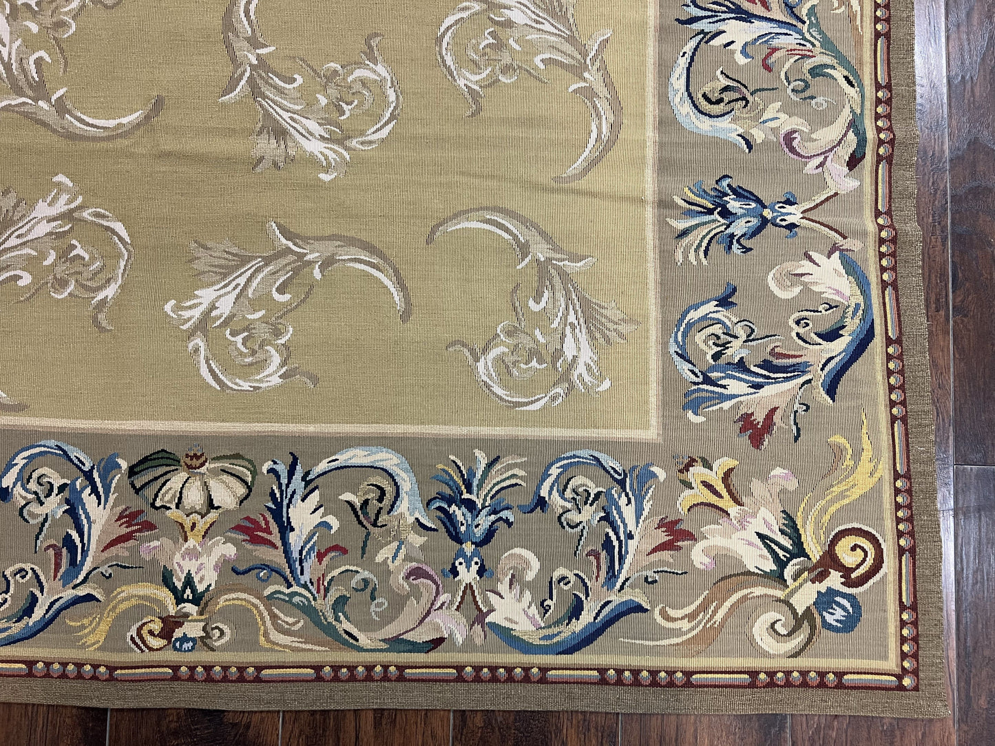 Vintage Aubusson Flatweave Area Rug 9x12, Aubusson Weave, Wool, Beige, Handmade, French European Design, 8'9" x 11'9" - Nuvé