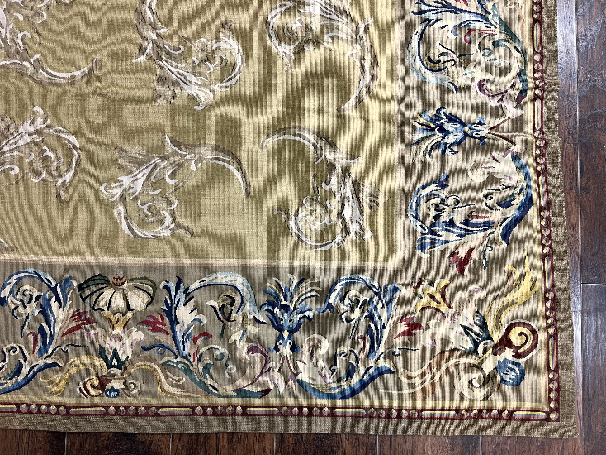 Vintage Aubusson Flatweave Area Rug 9x12, Aubusson Weave, Wool, Beige, Handmade, French European Design, 8'9" x 11'9" - Nuvé