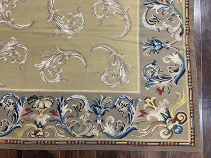 Vintage Aubusson Flatweave Area Rug 9x12, Aubusson Weave, Wool, Beige, Handmade, French European Design, 8'9" x 11'9" - Nuvé