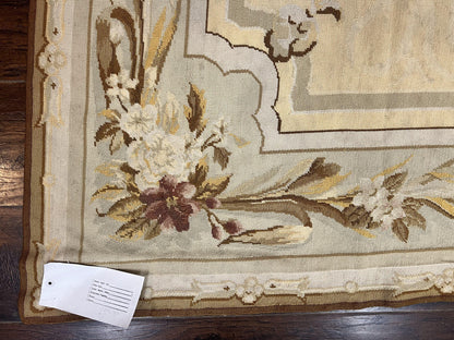 Needlepoint Rug 6x9, Elegant European Design Aubusson Carpet, Vintage Wool Handmade Rug, Light Yellow Ivory - Nuvé