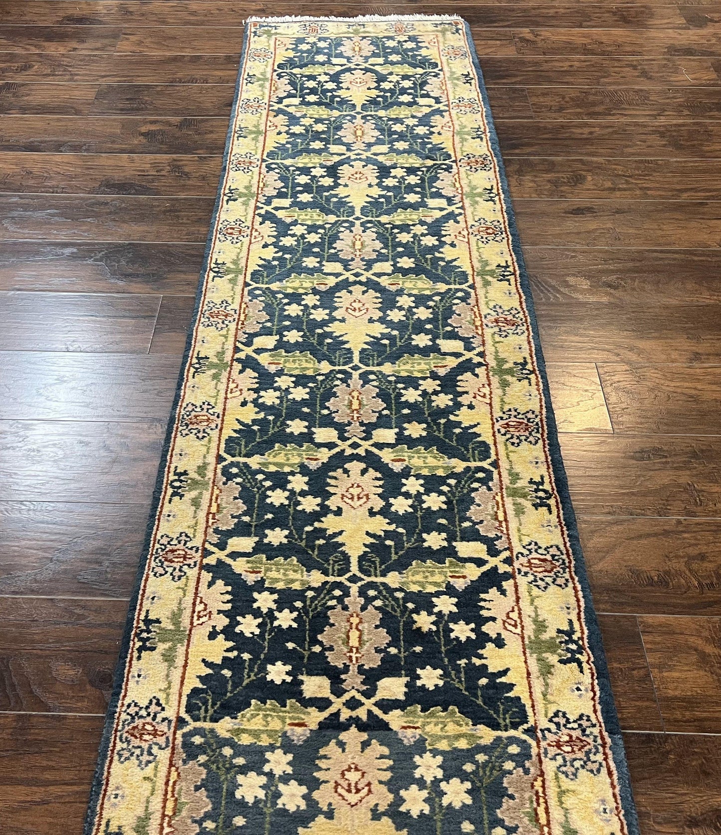 Indian Runner Rug 2.6 x 12, Navy Blue Beige Oriental Runner Rug 12ft Long, Narrow Hallway Runner, Wool Hand Knotted Indo Persian Mahal Rug - Nuvé