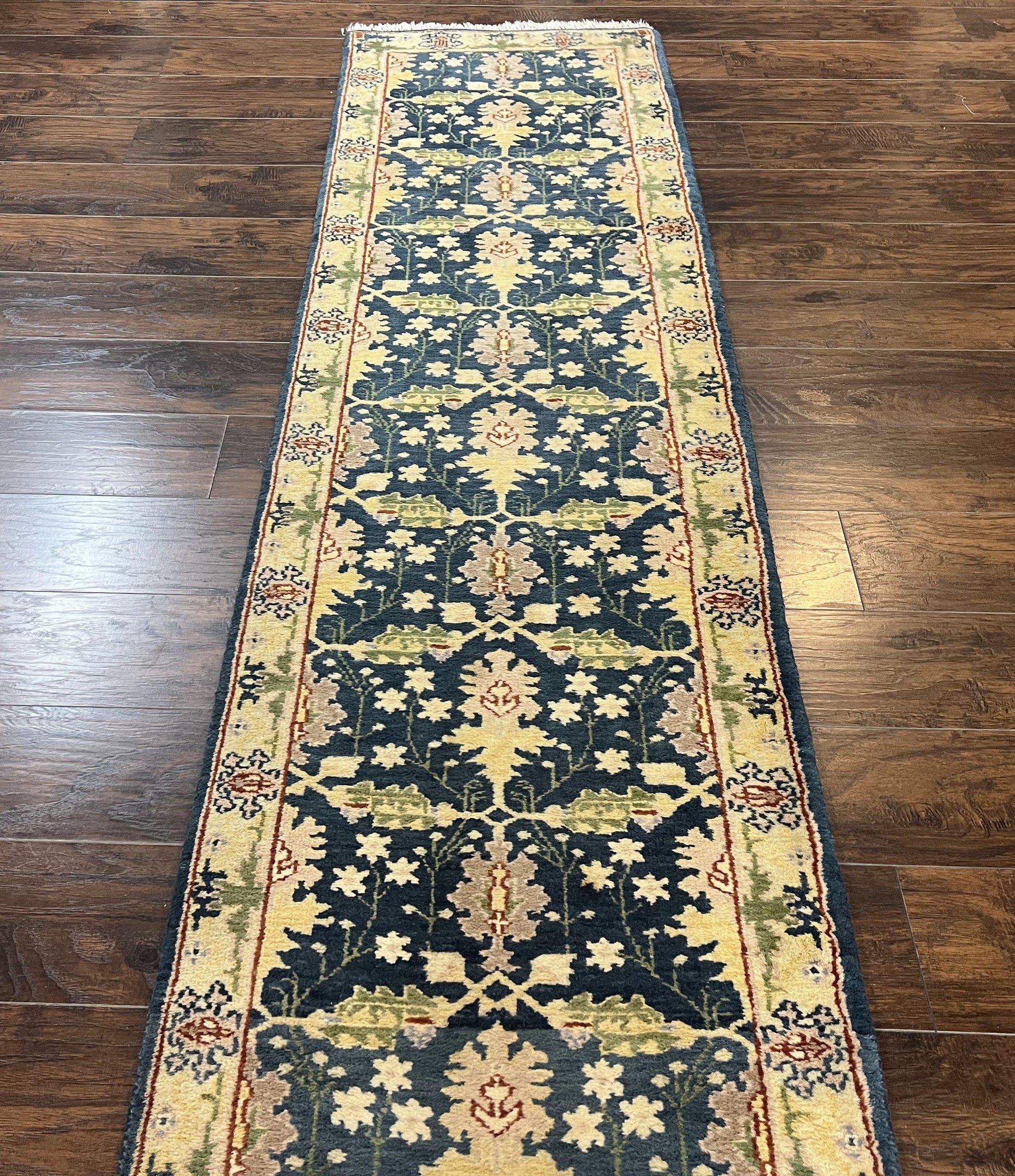 Indian Runner Rug 2.6 x 12, Navy Blue Beige Oriental Runner Rug 12ft Long, Narrow Hallway Runner, Wool Hand Knotted Indo Persian Mahal Rug - Nuvé