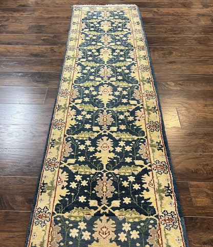 Indian Runner Rug 2.6 x 12, Navy Blue Beige Oriental Runner Rug 12ft Long, Narrow Hallway Runner, Wool Hand Knotted Indo Persian Mahal Rug - Nuvé