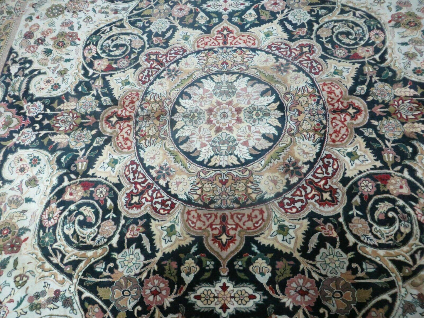 Beautiful Sino Persian Rug 9x12, Elegant High Quality Handmade Wool Oriental Carpet, Medallion with Corner Design, Floral, Black and Ivory - Nuvé