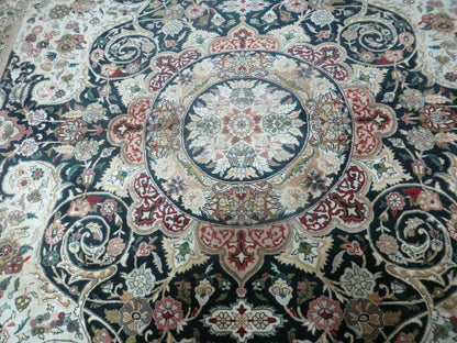 Beautiful Sino Persian Rug 9x12, Elegant High Quality Handmade Wool Oriental Carpet, Medallion with Corner Design, Floral, Black and Ivory - Nuvé