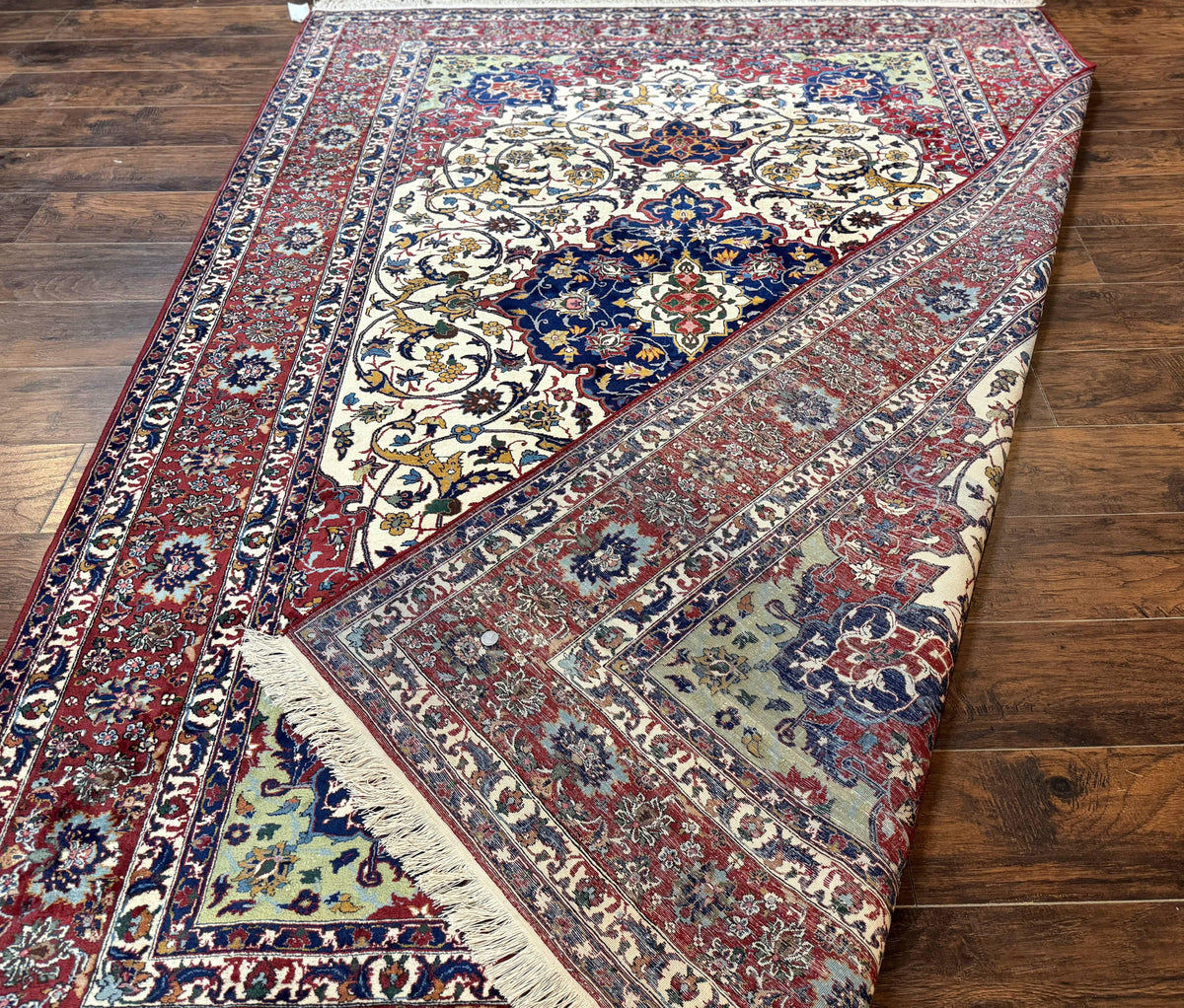 Wonderful Persian Isfahan Rug 7x9, Ivory Navy Blue Red, Floral Medallion, Very Finely Hand Knotted 260 KPSI, Handmade Wool Vintage Rug