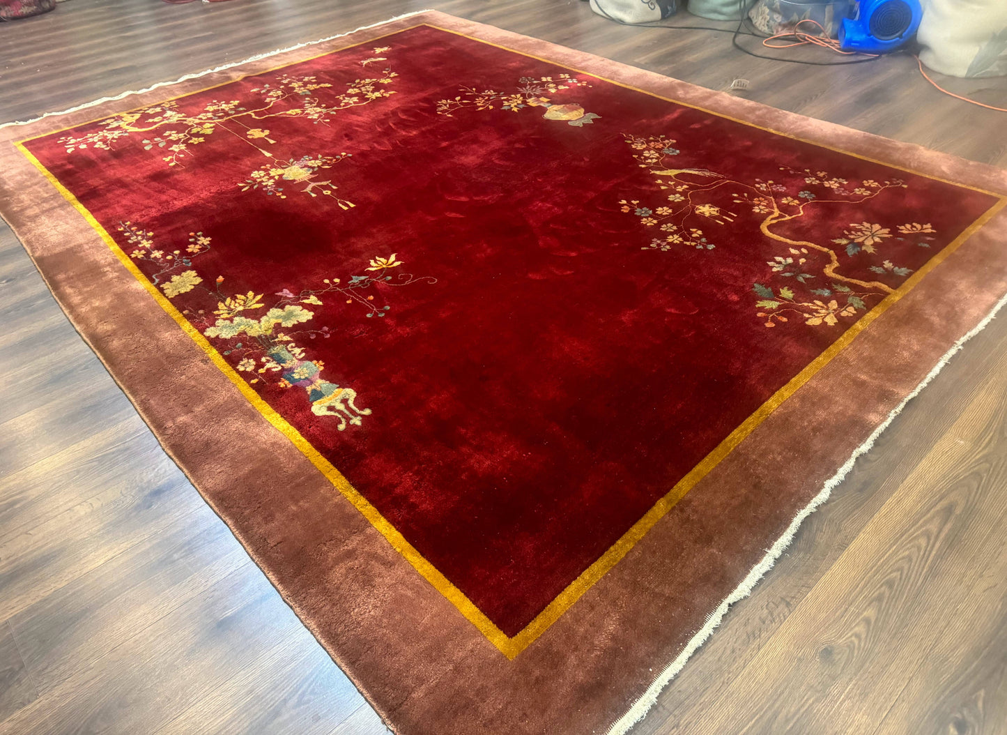 Red Chinese Art Deco Rug 9x11, Simple Design, Wool Chinese Area Rug, Antique - Nuvé