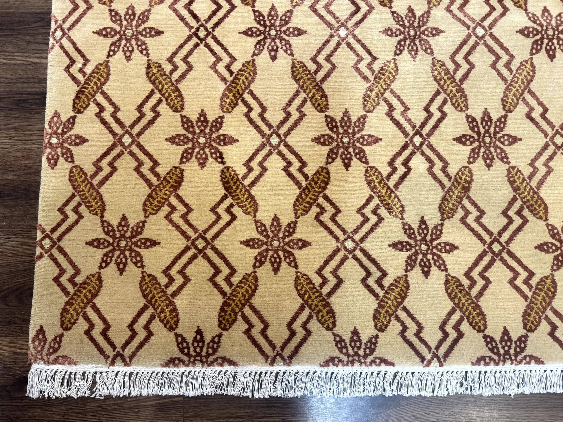 Tibetan Rug 8x10, Wool with Silk Highlights, Beige and Maroon, Contemporary Carpet - Nuvé