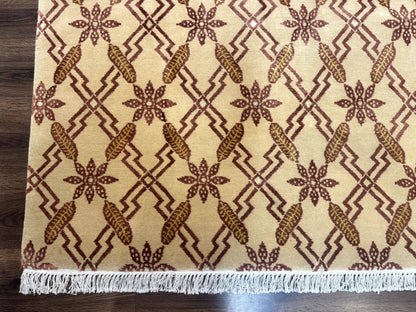 Tibetan Rug 8x10, Wool with Silk Highlights, Beige and Maroon, Contemporary Carpet - Nuvé