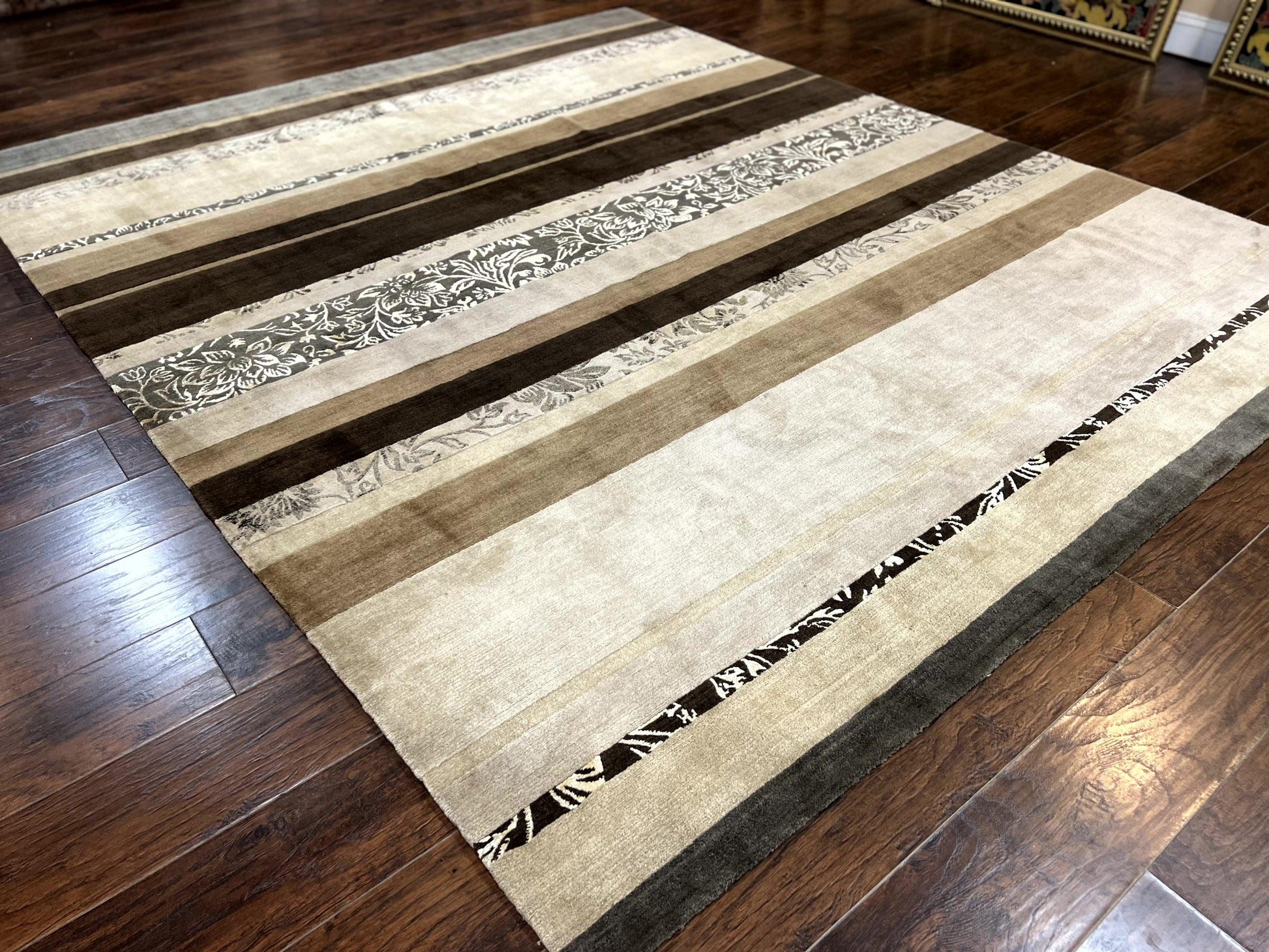 Modern Tibetan Nepali Rug 8x12, Stripe Pattern, Wool with Silk Highlights, Handmade, Beige Tan Brown - Nuvé